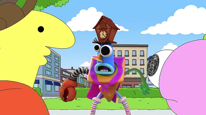 Silly Samuel (Conner O'Malley) is fed up with Pim (Michael Cusack) and Charlie's (Zach Hadel) inability to cheer him up in Smiling Friends Season 3 Episode 1 "Silly Samuel" (2025), Adult Swim