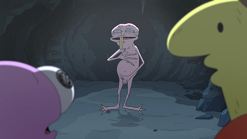 Mole Man (David Firth) introduces himself to Pim (Michael Cusack) and Charlie (Zach Hadel) in Smiling Friends Season 3 Episode 3 "Mole Man" (2025), Adult Swim