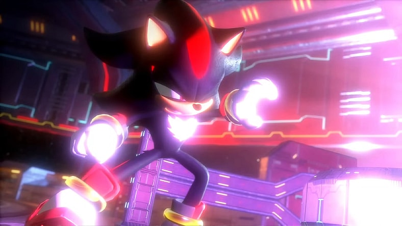 Shadow (Kirk Thorton/Kōji Yusa) braces hiumself against the Time Eater's (N/A) arrival in Sonic x Shadow Generations (2024), SEGA
