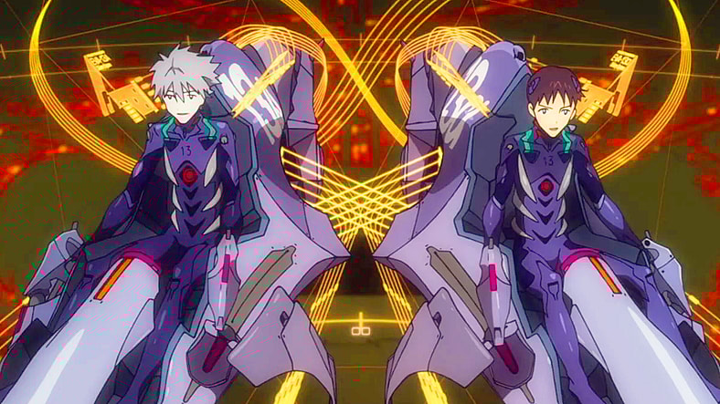 Shinji (Megumi Ogata) and Kaworu (Akira Ishida) fire up the EVA 13 ahead of an expedition into Terminal Dogma in Evangelion: 3.0 You Can (Not) Redo (2014), Studio Khara