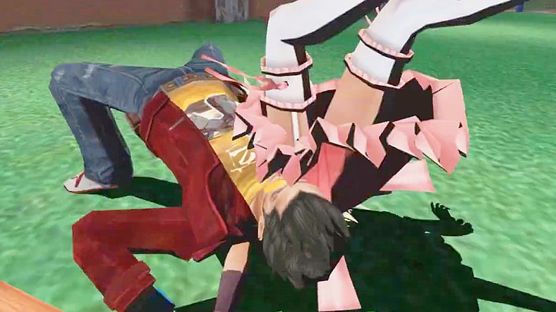 Travis Touchdown (Robin Atkin Downes) delivers a suplex to Bad Girl (Kathryn Fiore) in No More Heroes (2008), Grasshopper Manufacture