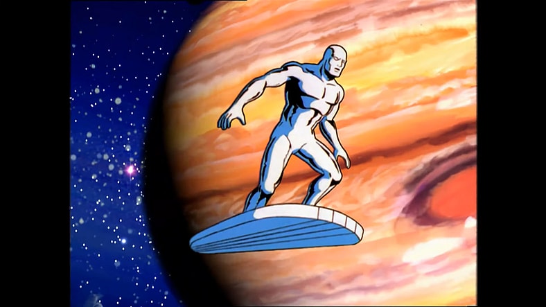 The titular hero cruises the cosmos in the intro to Silver Surfer (1998), Marvel Entertainment