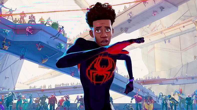 Miles Morales (Shamiek Moore) unexpectedly finds himself the Spider-Society's most wanted in Spider-Man: Across The Spider-Verse (2023), Sony Animation