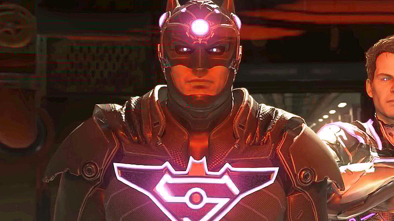 Superman (George Newburn) uses Braniac's (Jeffrey Combs) technology to mind control Batman (Kevin Conroy) and force him to his side in Injustice 2 (2017), NetherRealm Studios