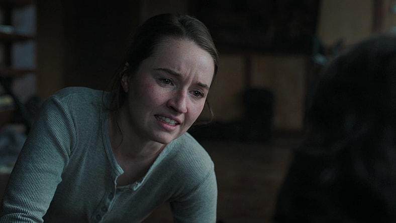 Abby (Kaitlyn Dever) explains to Joel (Pedro Pascal) her reasons for hunting him down in The Last of Us Season 2 Episode 2 "Through the Valley" (2025), HBO