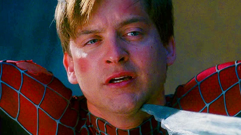Peter Parker (Tobey Maguire) finds himself at the mercy of Venom (Topher Grace) in Spider-Man 3 (2007), Sony Pictures