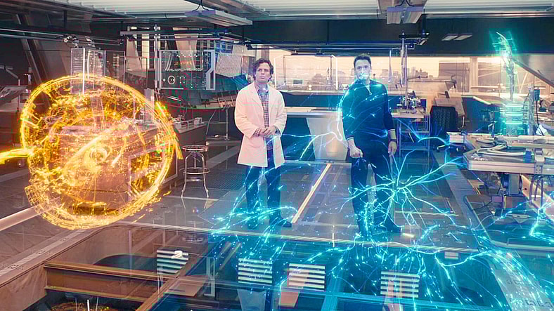 Bruce Banner (Mark Ruffalo) and Tony Stark (Robert Downey Jr.) discuss using Loki's Scepter to create Ultron (James Spader) in Avengers: Age of Ultron (2015), Marvel Entertainment