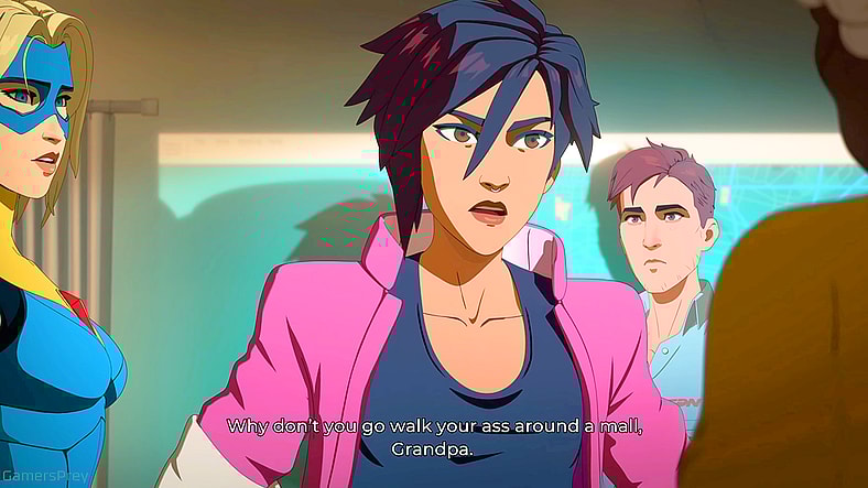 Invisgal (Laura Bailey) lashes out at Track Star (Jeffrey Wright) in Dispatch (2025), AdHoc Studios