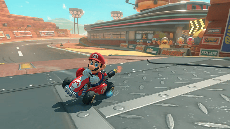Mario drifting in Mario Kart World