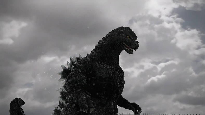 An imposing Godzilla emerges from the water in Godzilla (2014), Bandai Namco