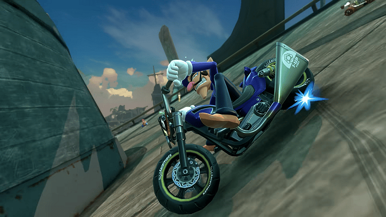 Waluigi drifting in Mario Kart World