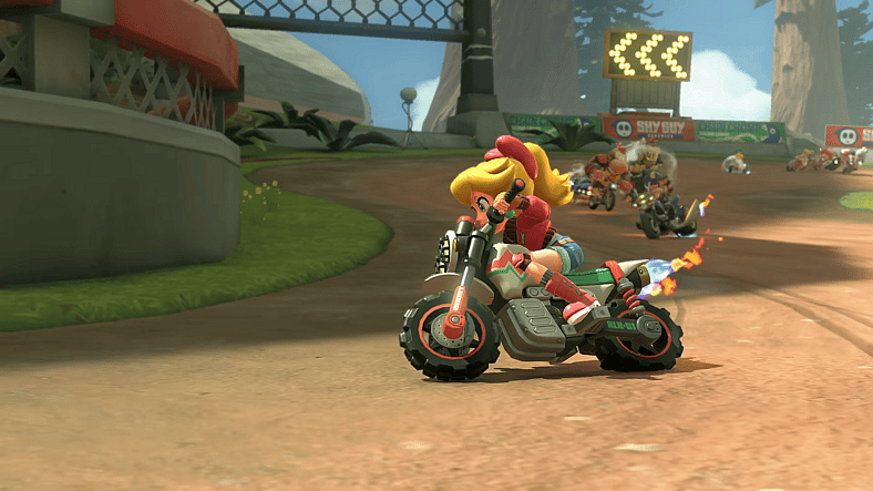 Princess Peach drifting in Mario Kart World