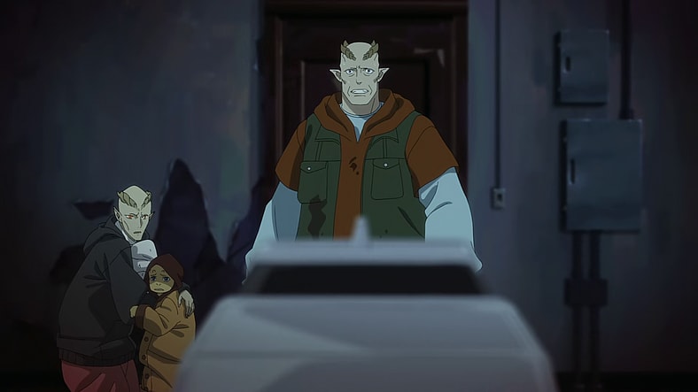 A Demon father (Jason Marnocha) stares down the barrel of Lady's (Scout Taylor-Compton) gun in Devil May Cry Season 1 Episode 5 "Descent" (2025), Netflix