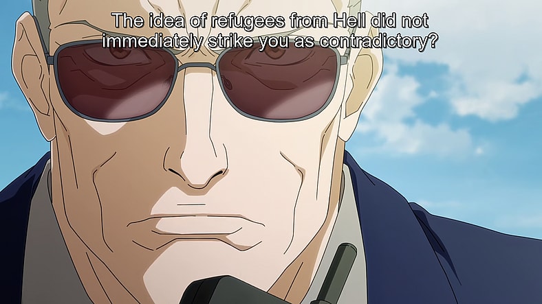 VP Baines (Kevin Conroy) attempts to get his soldiers to abandon their empathy in Devil May Cry Season 1 Episode 5 "Descent" (2025), Netflix