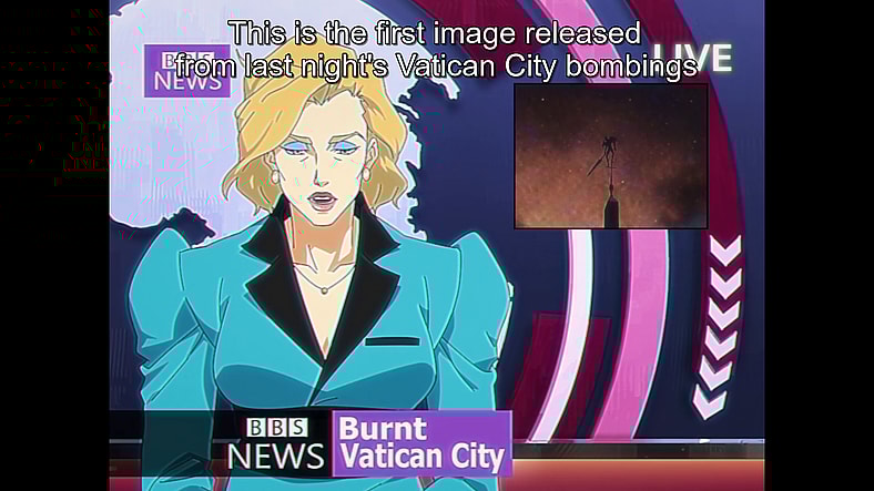 A BBC news anchor (Erica Lindbeck) reports on a recent White Rabbit (Hoon Lee) attack in Devil May Cry Season 1 Episode 1 "Inferno" (2025), Netflix
