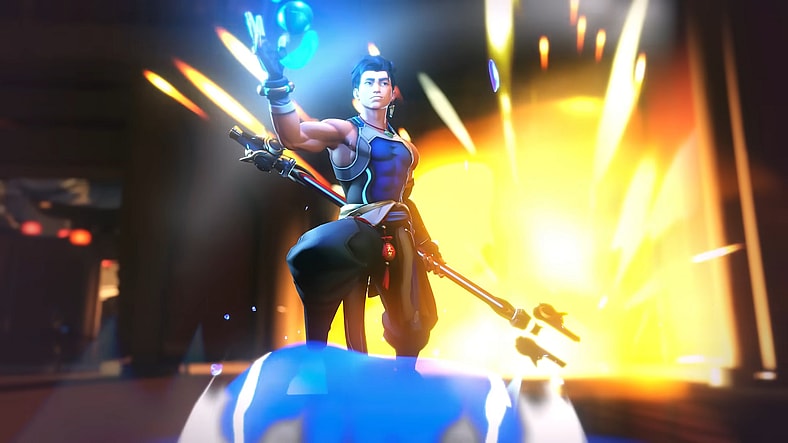 Wuyang (Howard Wang) cruises through the battlefield with the assistance of his Rushing Torrent in Overwatch 2 (2022), Blizzard Entertainment