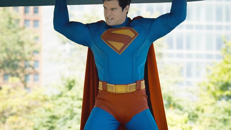 The Man of steel (David Corenswet) catches a massive piece of falling debris in Superman (2025), DC Studios