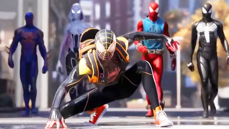 Miles Morales (Nadji Anthony Jeter) receives some back-up from Spider-Man 2099 (N/A), Ghost-Spider, the Scarlet Spider, and Spider-Man (Yuri Lowenthal) in Spider-Man: Great Web (Cancelled), Insomniac Games