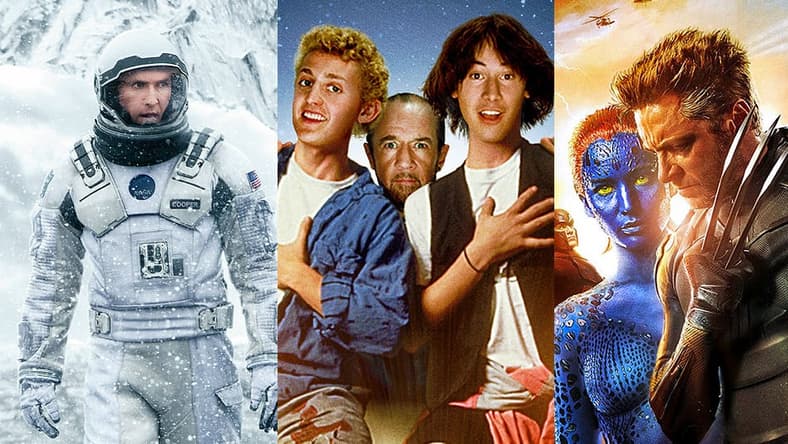 Split image of Interstellar, Bill & Ted's Excellent Adventure, and X-Men: Days of Future Past