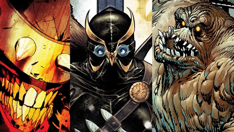 Split image of The Batman Who Laughs, Talon and Clayface
