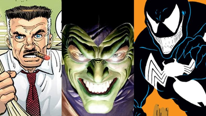 Split image of J. Jonah Jameson, the Green Goblin and Venom from Spider-Man