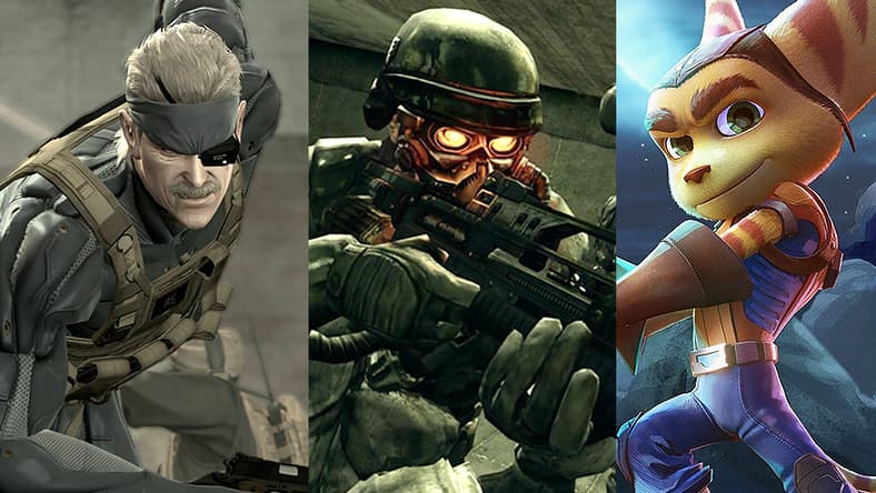 Split image of Metal Gear Solid 4, Killzone 2 and Ratchet & Clank