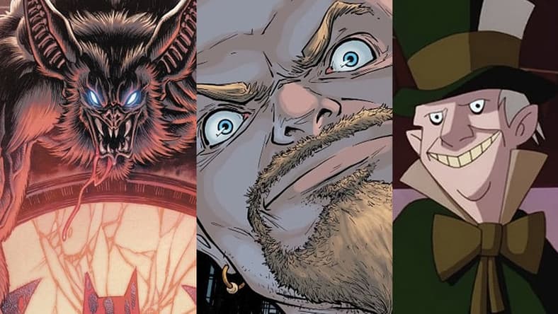 Split image of Man-Bat, Zsasz and the Mad Hatter