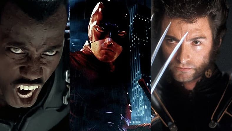 Split image of Blade, Daredevil and Wolverine from Marvel Movies