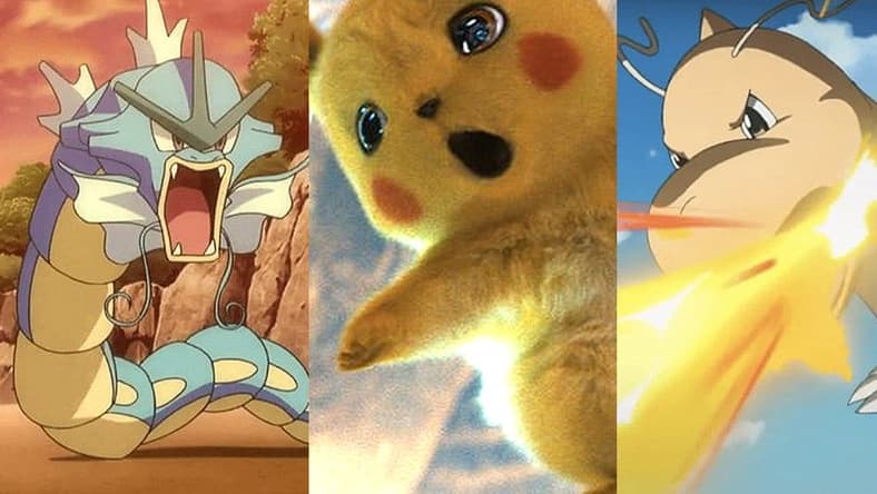 Split image of Gyarados, Pikachu and Dragonite from Pokémon, Nintendo