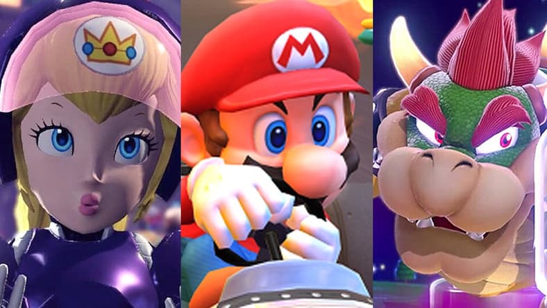 Split image of Peach, Mario and Bowser from the Nintendo games