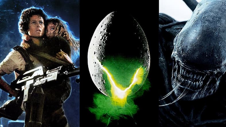 Split image of poster art for Aliens, Alien and Alien Covenant, 20th Century Fox
