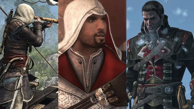 Split image of characters from Assassin's Creed