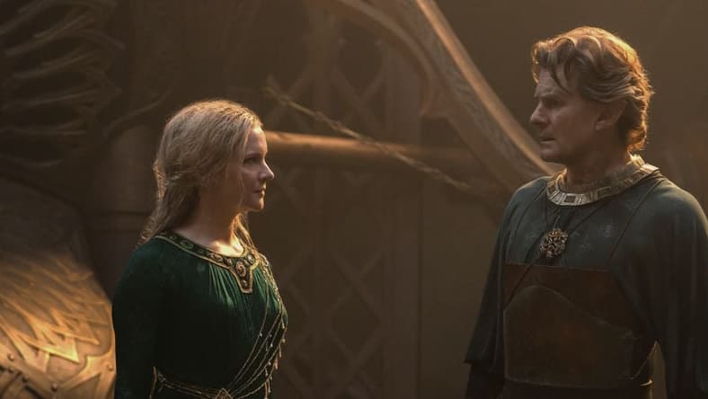 Morfydd Clark as Galadriel, Charles Edwards as Celebrimbor in 'The Lord of the Rings: The Rings of Power' (2022), Amazon Prime