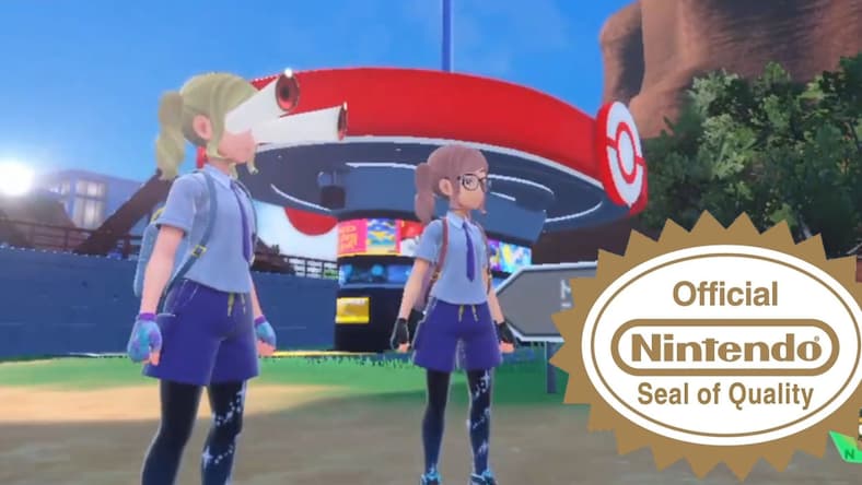 A bug from Pokémon Scarlet & Violet- as shown by @kocha8164- of another player's eye bulge out of their head. The Official Nintendo Seal of Quality (via the Nintendo Fandom Wiki) has been edited onto the corner.