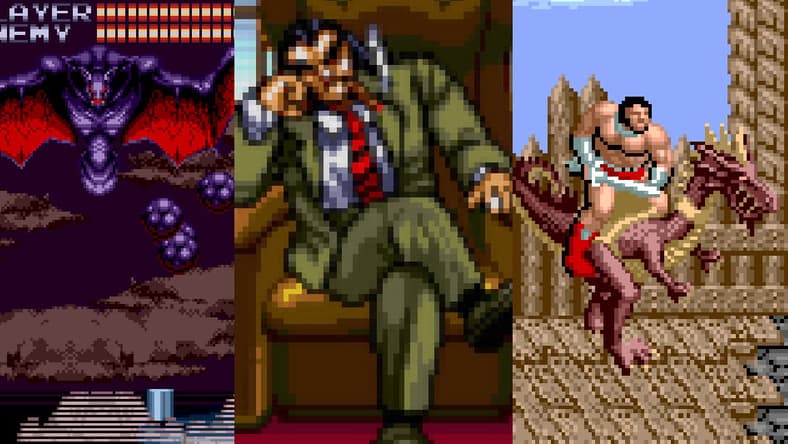 Split image of hacked roms for Castlevania: Bloodlines, Streets of Rage 2, and Golden Axe on Sega Genesis