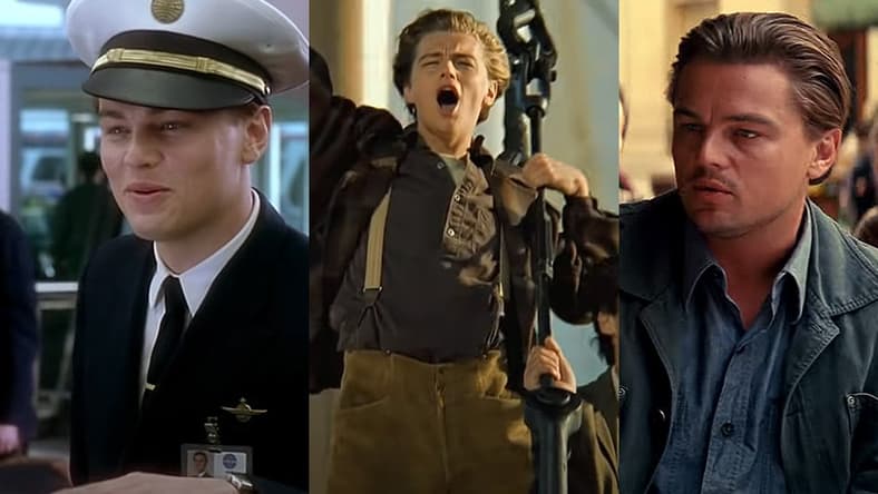 Split image of Leonardo DiCaprio in Catch Me If You Can, Titanic and Inception