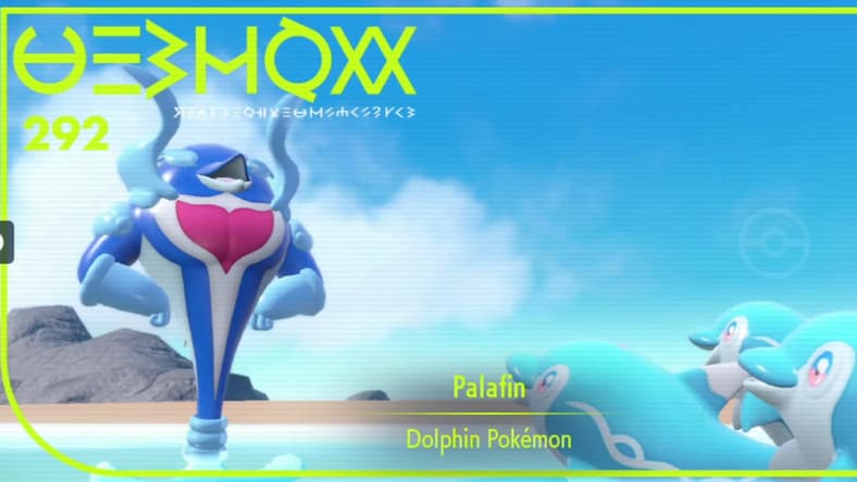 A Pokedex photo showing Palafin being idolized by a group of Finizen via Pokémon Scarlet & Violet (2022), Nintendo