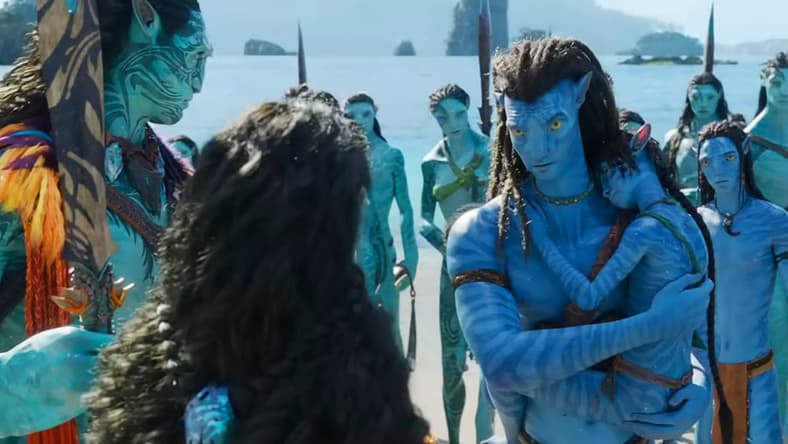 Jake Sully (Sam Worthington) and Neytiri (Zoe Saldaña) introduce themselves and their family to the Metkayina in Avatar: The Way of Water (2022), Disney via YouTube