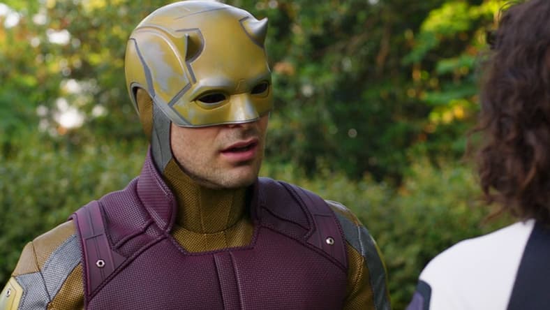 Daredevil (Charlie Cox) has questions for Jennifer Walters (Tatiana Maslany) after being literally dropped into the scene in She-Hulk: Attorney at Law Season 1 Episode 9 "Whose Show Is This?" (2022), Marvel Entertainment via Disney Plus