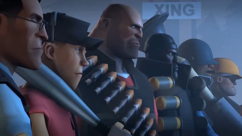 RED and BLU teams stand together against the Gray Mann robot horde in Team Fortress 2 (2007), Valve