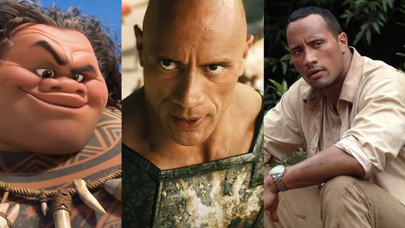 Split image of Dwayne Johnson in Moana, Black Adam and The Rundown