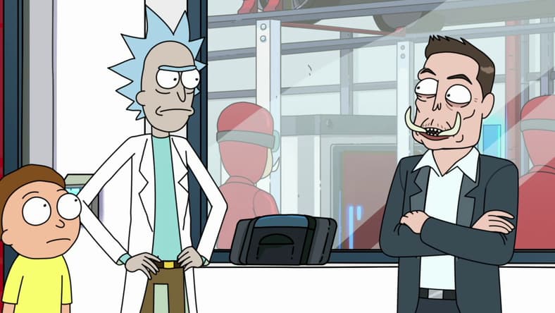 Rick and Morty (Justin Roiland) seek Elon Tusk's (Elon Musk) help in Rick and Morty Season 4 Episode 3 "One Crew Over the Crewcoo's Morty" (2019), Adult Swim