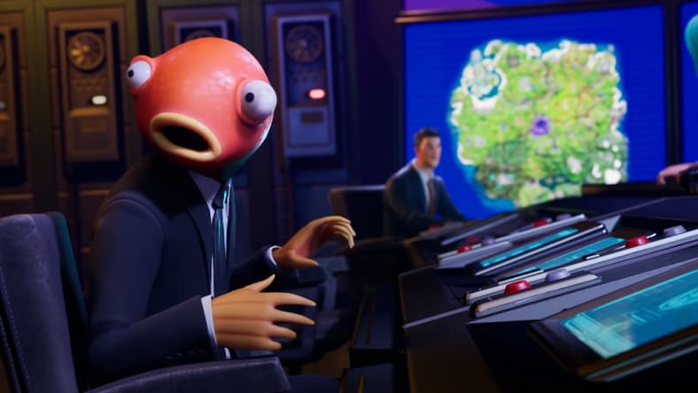 Fishstick makes sure no one noticed he just knocked over a coffee cup in Fortnite (2017), Epic Games