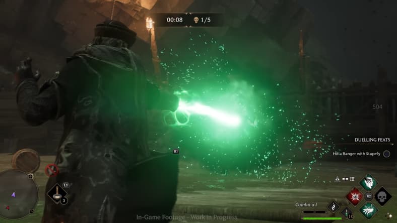 The player casts Avada Kedavra on an Ashwinder Scout in the Dark Arts Battle Arena via Hogwarts Legacy (2022), Warner Bros. Interactive Entertainment