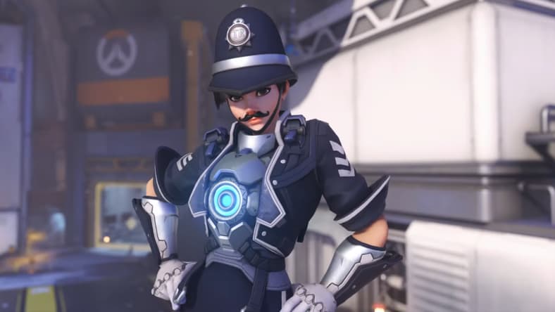 Tracer in her Constable Tracer skin "on duty" in Overwatch HQ via Overwatch 2 (2022), Blizzard Entertainment