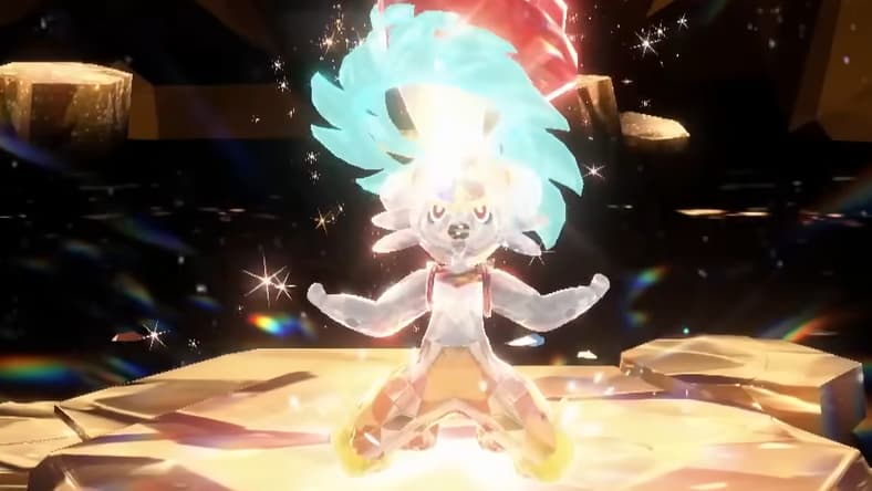 A Tera-Fighting Cinderace yells in defiance at the start of a Tera Raid Battle in Pokémon Scarlet & Violet (2022), Nintendo