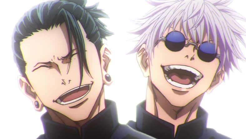 Suguru Geto (Takahiro Sakurai) and Satoru Gojo (Yuichi Nakamura) share a laugh in Jujutsu Kaisen 0: The Movie (2021), MAPPA