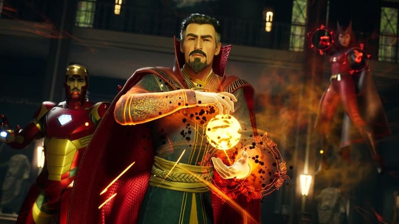 Doctor Strange, Iron Man, and Scarlet Witch stand in heroic poses via Marvel's Midnight Suns (2022), 2K