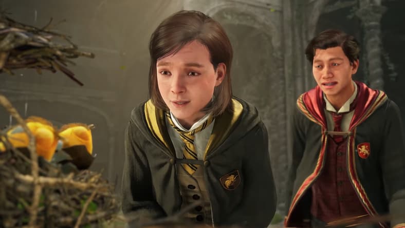 Poppy Sweeting (Alice Haldane) is fascinated by a freshly hatched fantastic beast, while the player character struggles to share the sentiment via Hogwarts Legacy