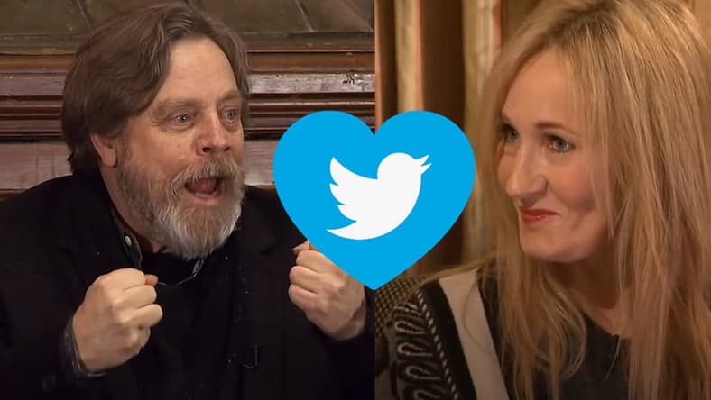 Split image of Mark Hamill and J.K. Rowling with a Twitter heart graphic
